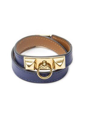 Hermes Rivale Double Bracelet Blue Leather